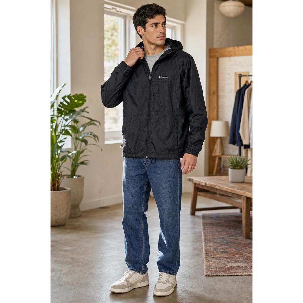 Columbia Rain Jacket Men's L Black Hooded Lightweight Packable Gorpcore Hiking